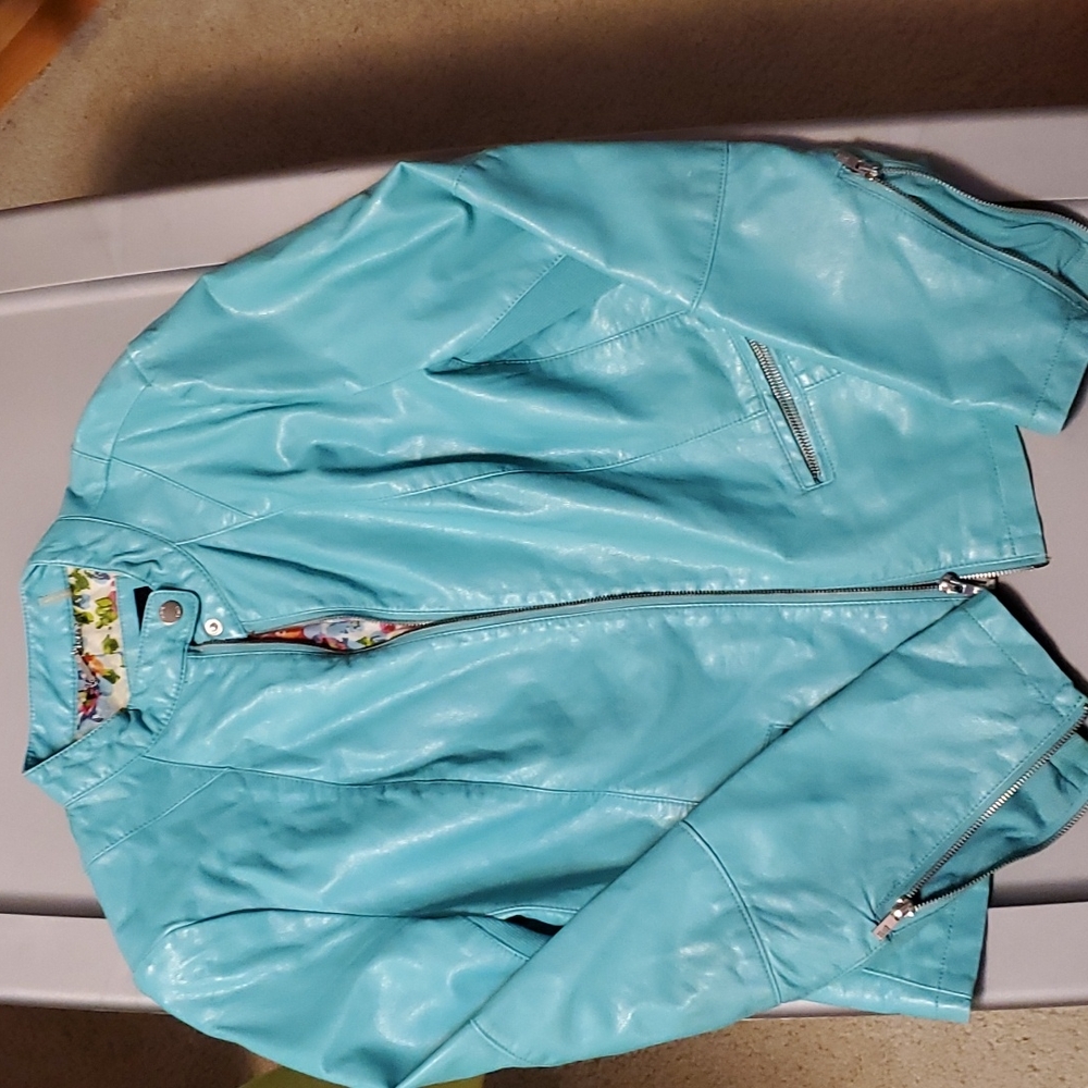 Black Rivet teal faux leather jacket